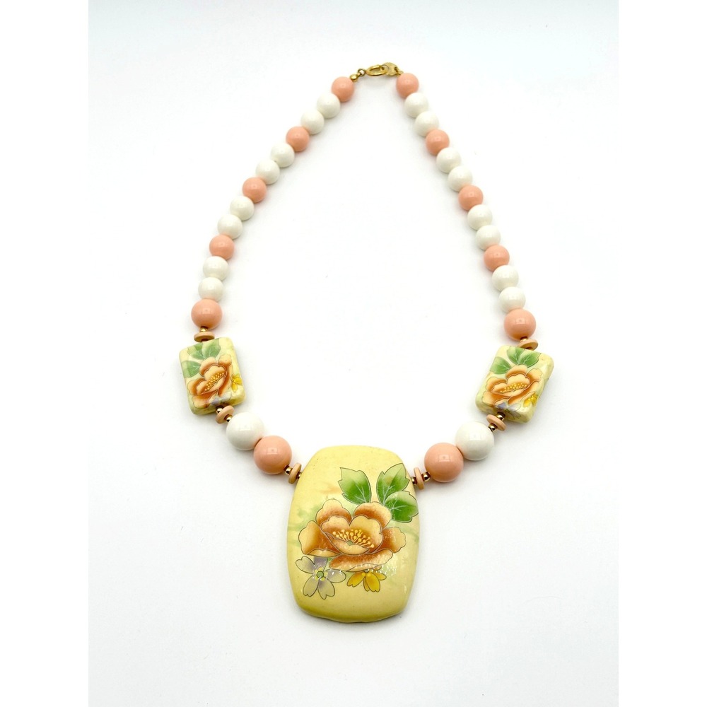Floral Ceramic Bead Necklace Pink White Hand Painted Vintage Made in Japan 18"